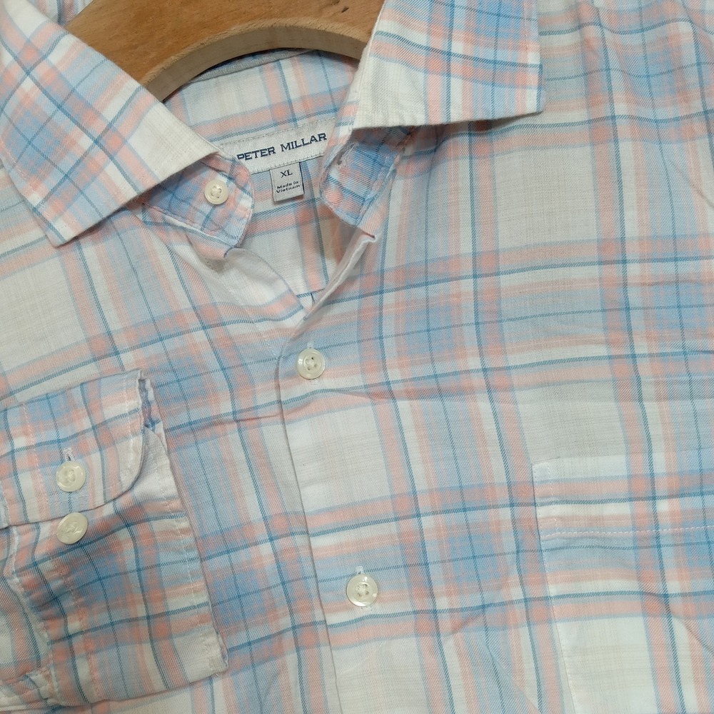 Peter Millar XL Mens Plaid Cotton Shirt Lightweight Long Sleeve Button Front